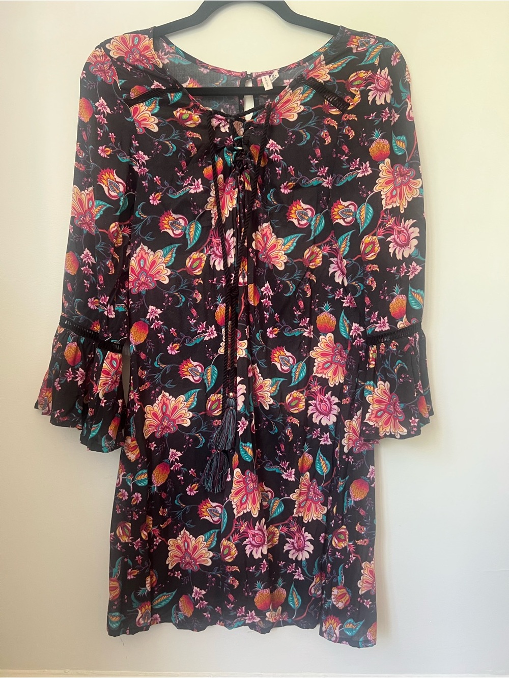 Nanette Lepore Black Floral Tie-Front Long Sleeve Dress